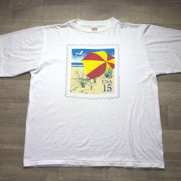 VINTAGE 80s Single Stitch Shirt US 15 Cent Stamp Beach Graphics Alore XXL - Picture 2 of 6